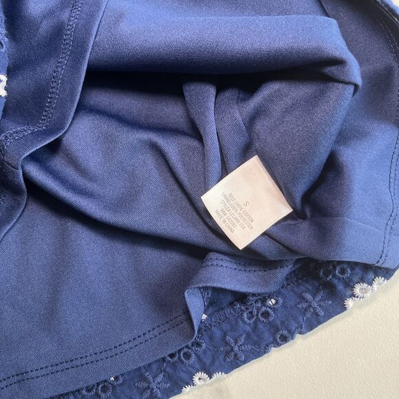 Jun Ivy Dress Embroided Cotton Sz Sm Floral Short Sleeve Mini Shift Lined Blue - Picture 8 of 12